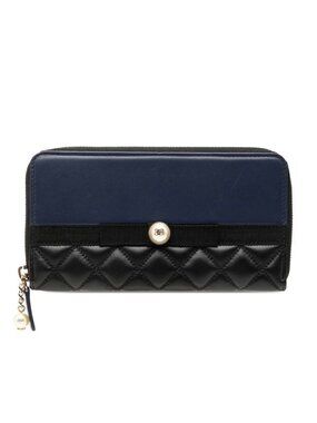 Chanel CC Logo Quilted Zip Around Wallet Black Navy Leather Faux Pearl